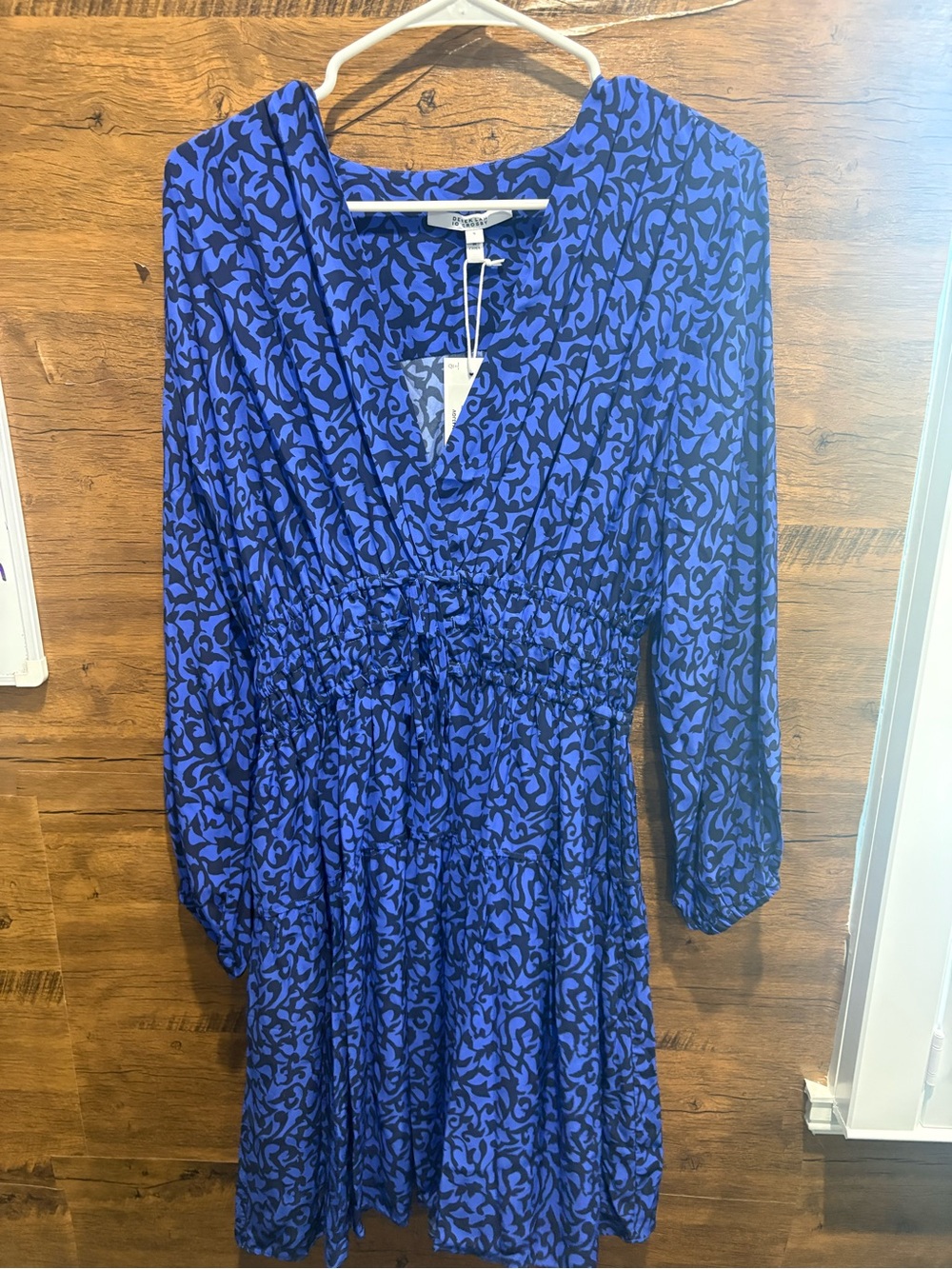 Derek Lam Blue and Black Printed V-Neck Mini Dress - Picture 4 of 11